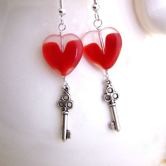 Key with a Heart Earrings - Steampunk Earrings with a red heart & silver skeleto...