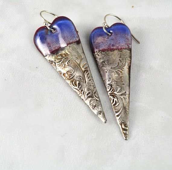 Long copper heart earrings with deep and light shades of blue & purple enamel wi...
