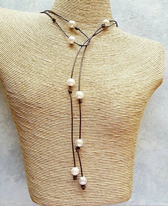 Pearl leather necklace - leather anniversary gift for her - leather Pearl neckla...