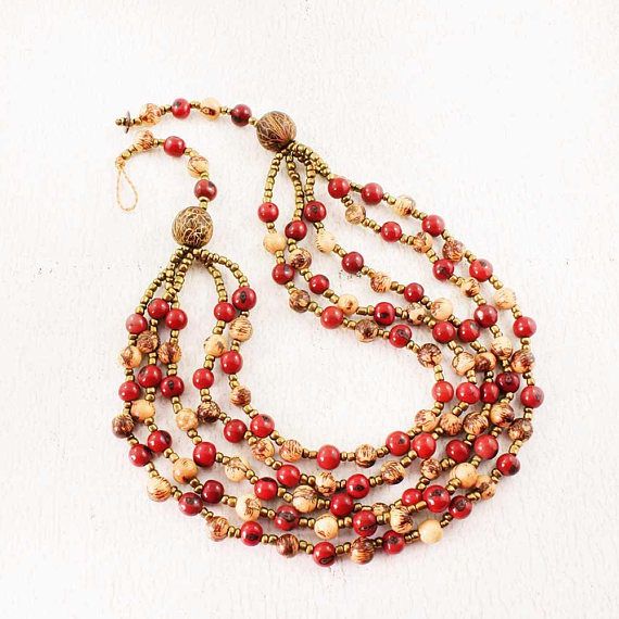 Red Bead Necklace - Multi Strand Beaded Necklace - Bib Necklace - Natural Jewelr...