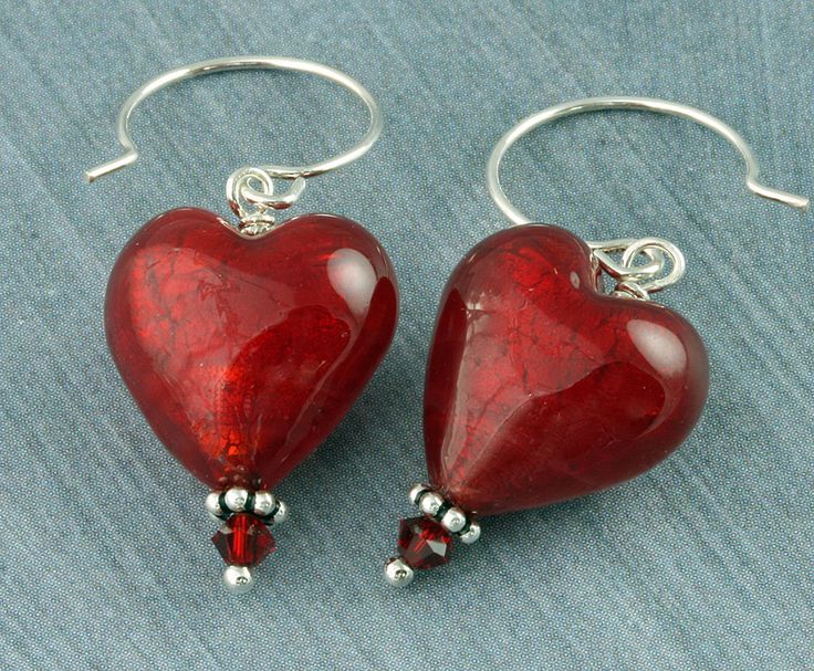 Red Heart Earrings, Valentines Earrings, Red Heart Valentine Earrings Murano Gla...