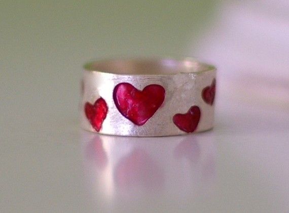 Red Heart Enamel Sterling Silver Band Ring Color Ring by Nafsika, $66.00