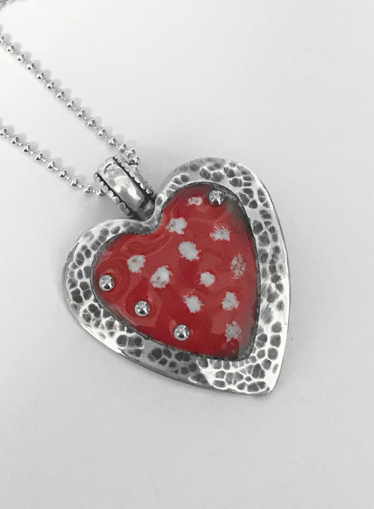 Red Polka Dot Enameled Heart Pendant riveted to sterling silver.  Artisan Handma...