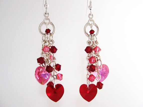 Red and Pink Double Heart Earrings, Swarovski Crystal Heart Earrings, Red Heart ...