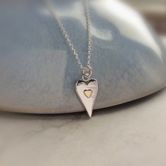 Silver heart necklace with 9ct gold, lovely Valentines gift for her, anniversary...