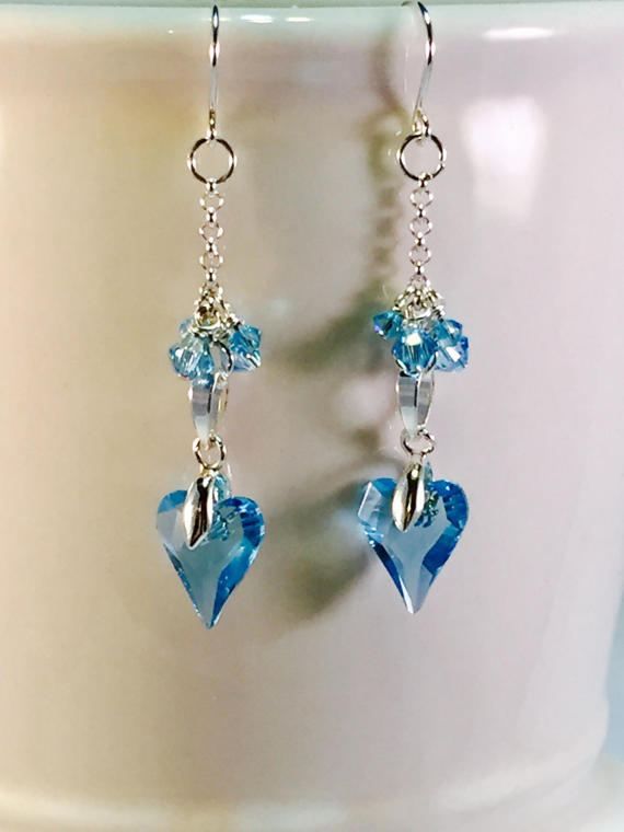 Swarovski Crystal Wild Heart Earrings, Aqua, With Silver Chains and Aqua Crystal...