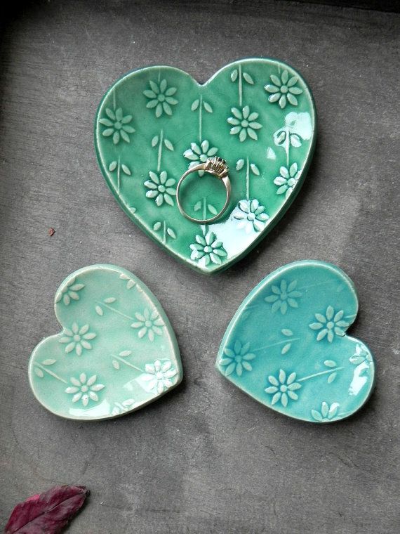 Valentines Gift Set Heart Ceramic Ring Dish Mint and Turquoise Love Pottery Plat...