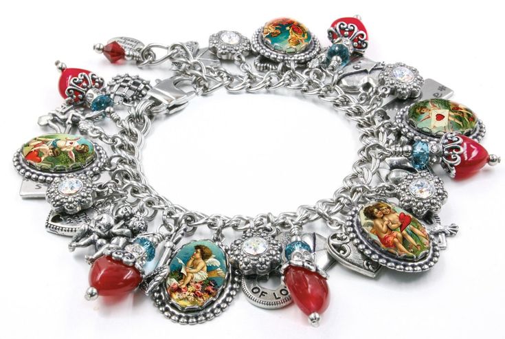 Valentines charm bracelet with red hearts and vintage valentines - Blackberry De...