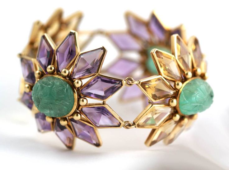 Chunky Citrine Amethyst Carved Emerald Gold Link Bracelet (Eleuteri).Via jewelsd...