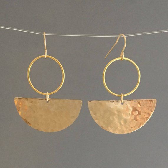 Hammered 14k gold fill half discs hang from circle hoops and earwires