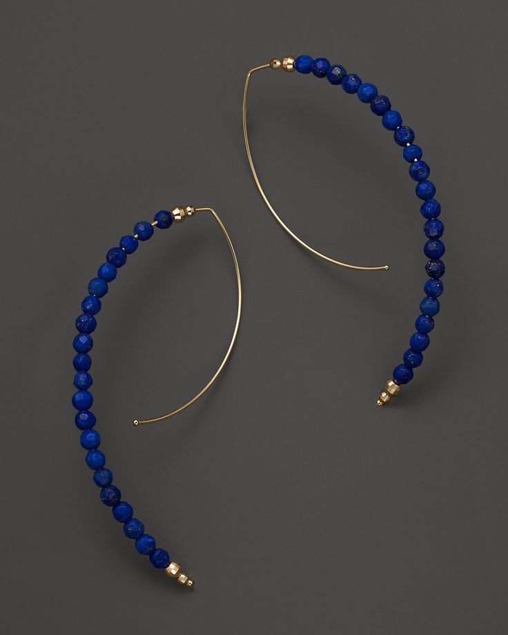 Mizuki 14K Yellow Gold Open Medium Marquis Hoop Earrings with Faceted Lapis Bead...