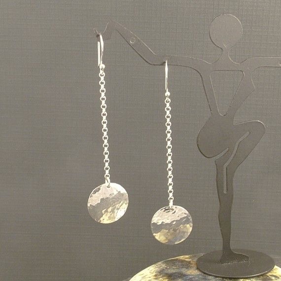 Long Silver Earrings / Hammered Sterling Disk and by MetalRocks