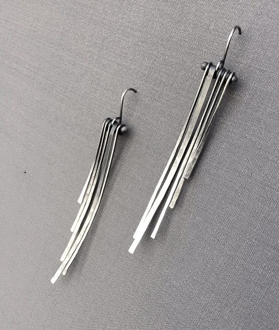 Ombré Cascade oxidized silver earrings (5 Silver Strands, Hammered)