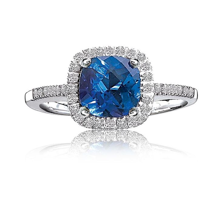 Created Sapphire Ring with Diamond Halo in 10K White Gold