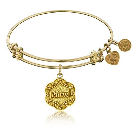 Mom Floral Charm Bangle Bracelet in Yellow Brass