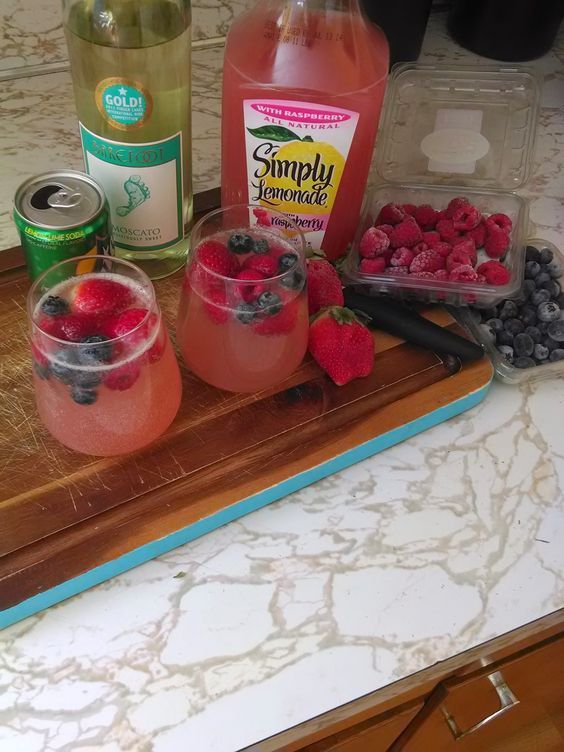 One part 7up (half a can), one part wine, one part lemonade. Garnish with berrie...