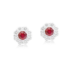 Ruby & Diamond Halo Stud Earrings in 18k White Gold