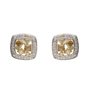 Yellow & White Diamond Halo Cluster Fashion Stud Earrings in 14k Yellow Gold