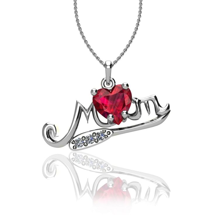 Created Ruby Gemstone Heart Mom Pendant in Sterling Silver