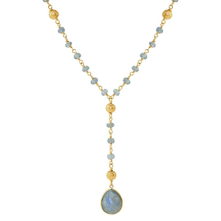 Labradorite Gemstone Lariat Fashion Necklace in 14k Yellow Gold