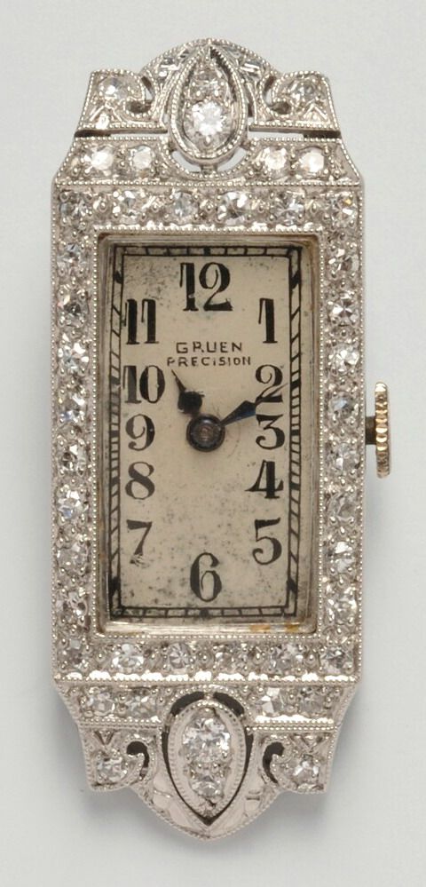 Art Deco Lady's Platinum and Diamond Wristwatch, Gruen, the ivory-tone dial with...
