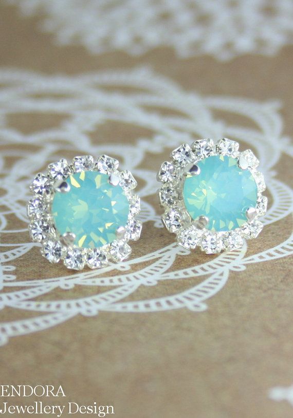 Beach wedding jewelry | beach wedding | swarovski beach wedding | Mint opal earrings| beach bridal earrings | bridesmaid earrings |8mm halo