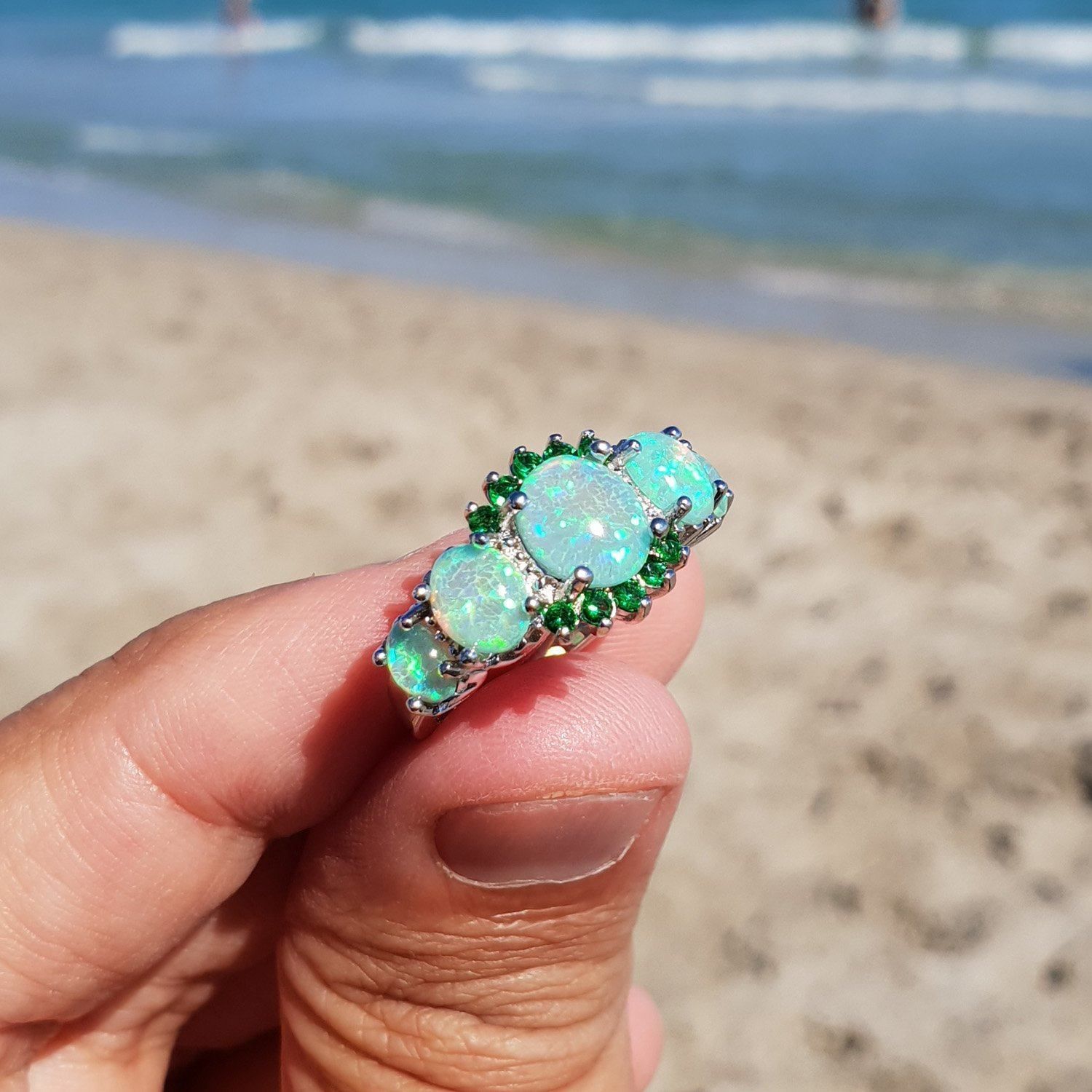 Green Fire Opal & Emerald Ring