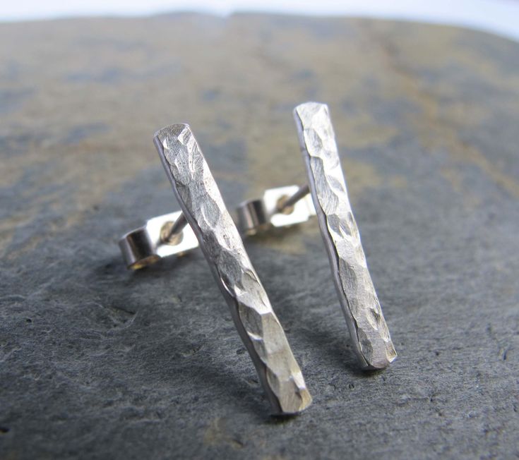 Textured minimalist bars- simple stud earrings - hammered silver earrings- handm...