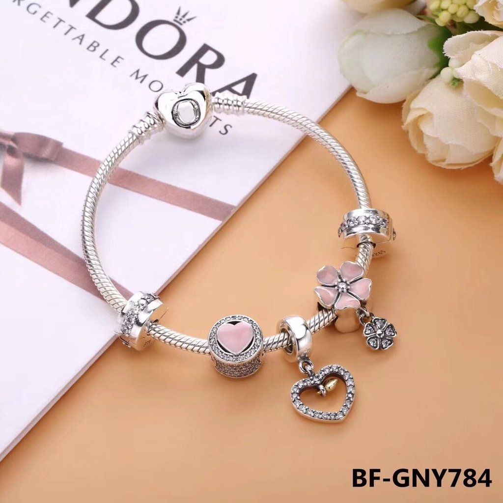 Pandora pink flower heart love charm bracelet
