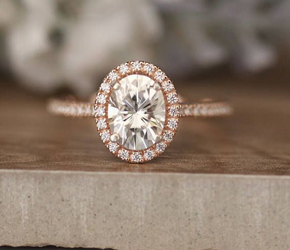 Moissanite Oval 8x6mm Engagement Ring, Diamond Halo Ring, Diamond Half Eternity ...