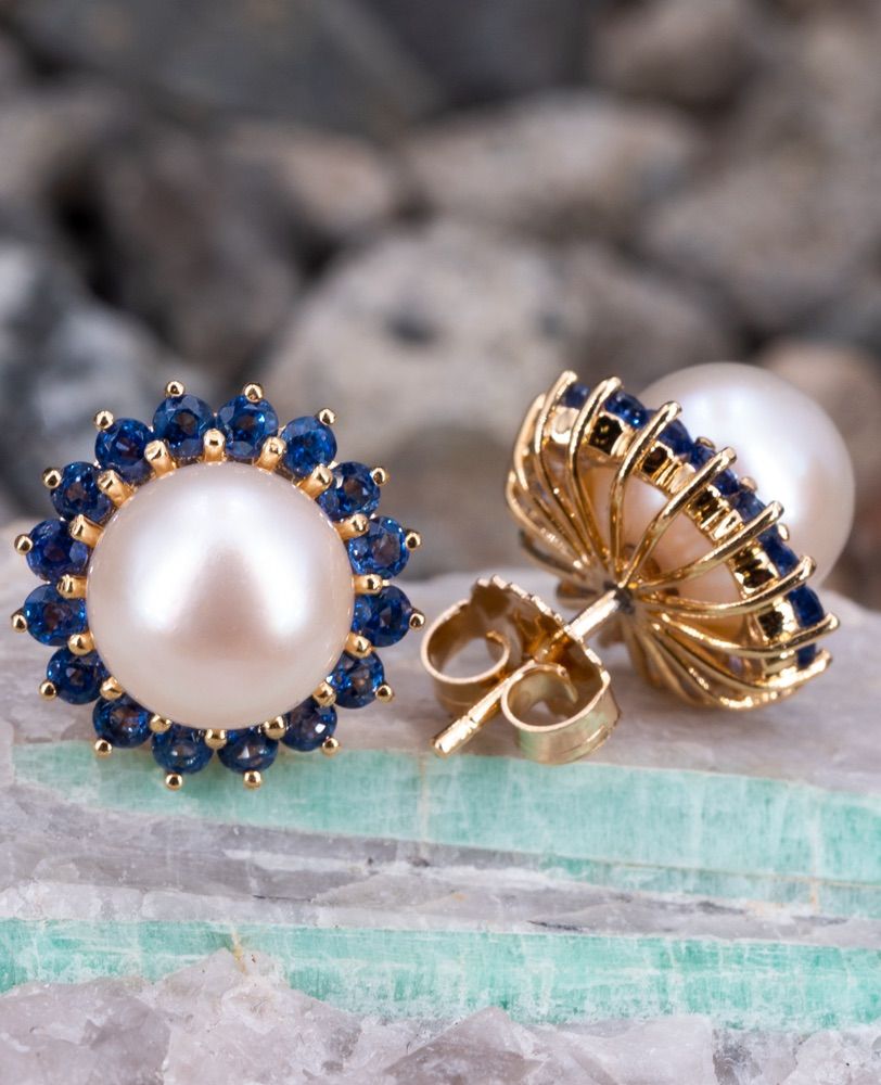 Beautiful Saltwater Pearl & Bright Blue Sapphire Halo Stud Earrings 14K