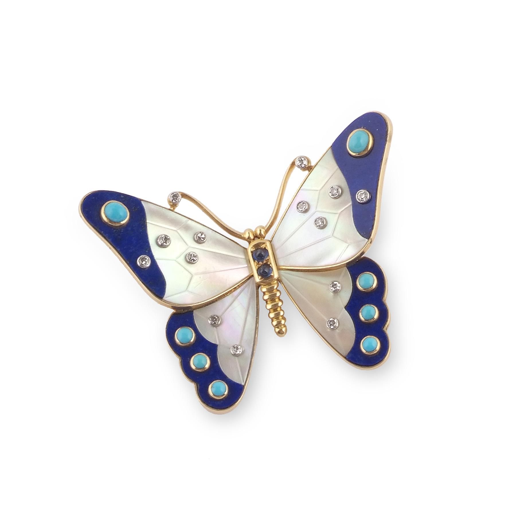CARTIER. A LAPIS LAZULI, TURQUOISE AND MOTHER-OF-PEARL 'BUTTERFLY' BROOCH. Desig...