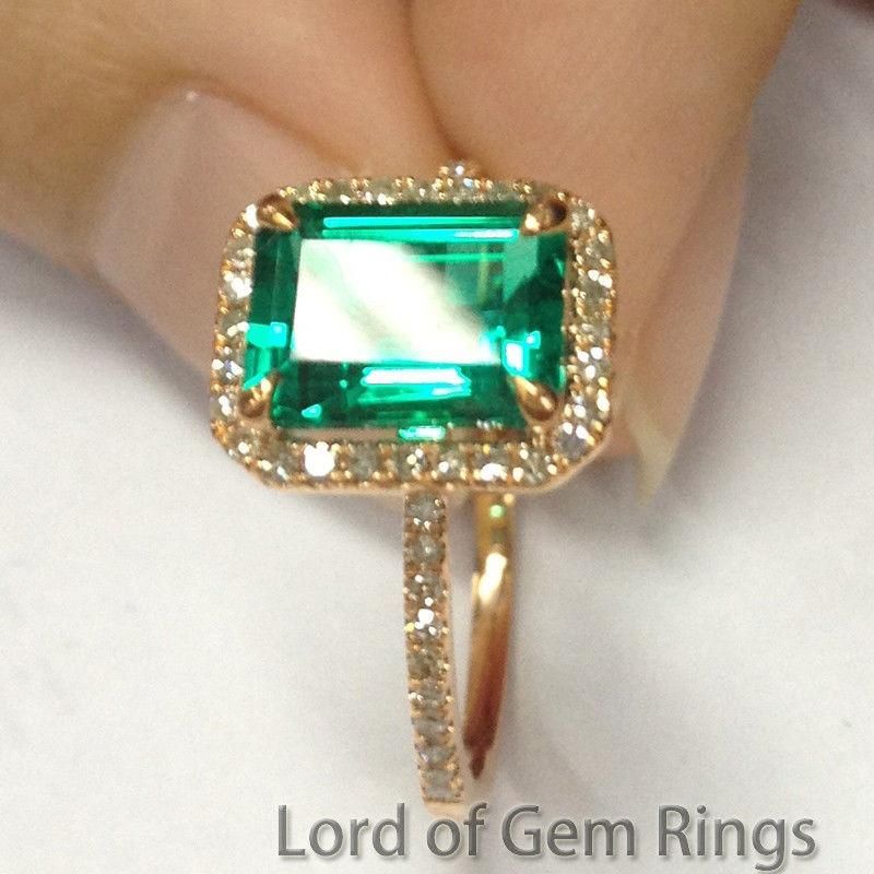 Emerald Shape Emerald Engagement Ring Pave Diamond Wedding 14K Rose Gold 6x8mm -...
