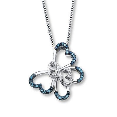 Open Hearts Butterfly Blue Diamonds Sterling Silver Necklace
