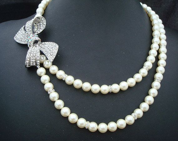 bridal pearl necklace, wedding rhinestone necklace, wedding bow necklace, bridal necklace, Statement necklace, pearl necklace, ANASTASIA