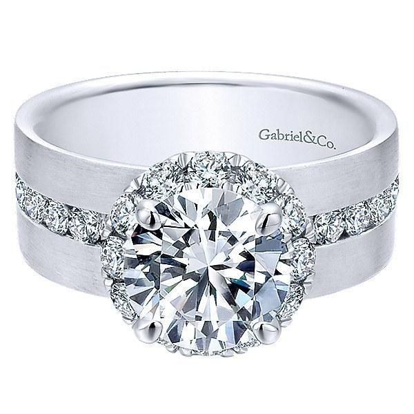 14K White Gold Wide Brushed Channel Set Diamond Engagement Ring