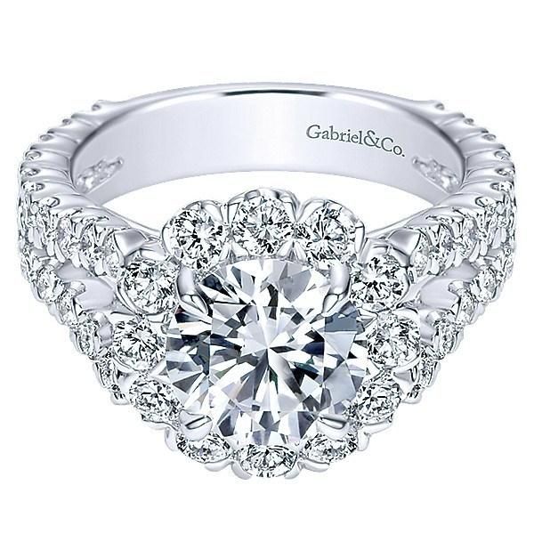14K White Gold Split Shank Floral Halo Diamond Engagement Ring