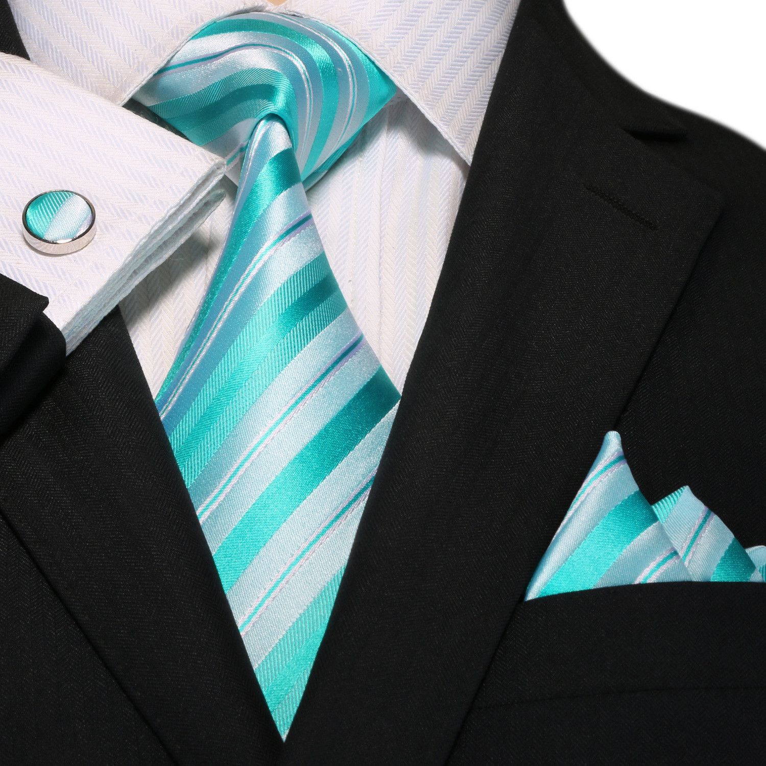 Tiffany Blue and White Stripe Wedding Necktie Set JPM18A83 - Toramon Necktie Company