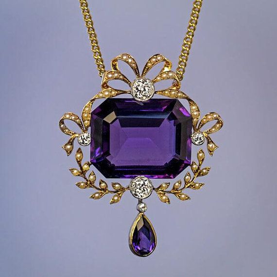 Belle Epoque Antique Amethyst Diamond Pearl Necklace