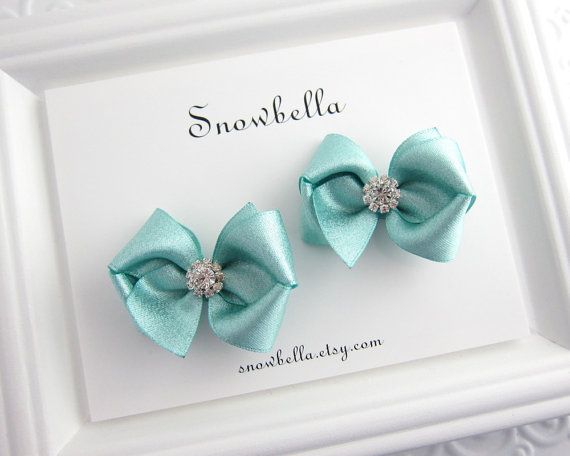 Tiffany Blue Hair Bow Clips Sparkle Satin Little Girl Glam Boutique Bows